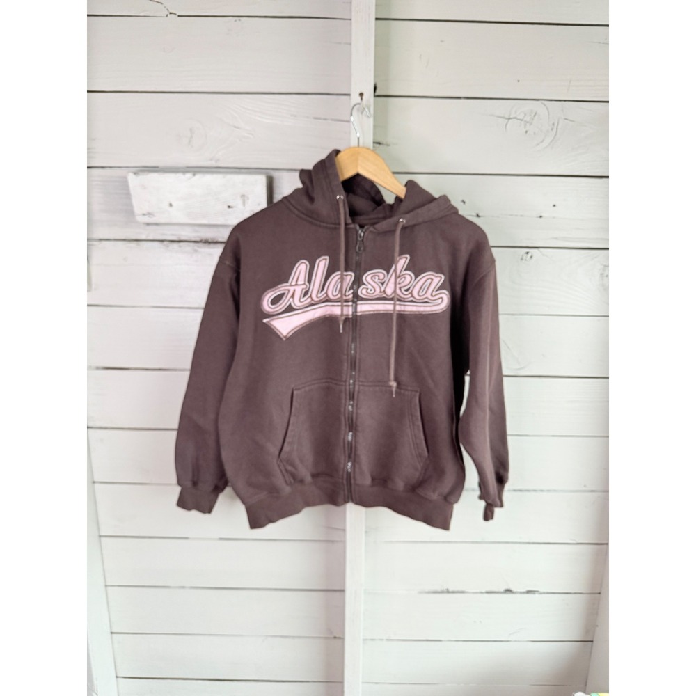 Cheneral Alaska Zip Up Hoodie Brown Pink Varsity Graphic Sweatshirt Womens S
